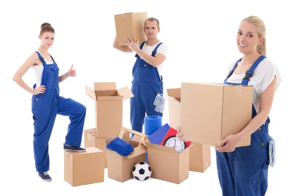 Moving Day Concept Εργαζόμενοι Μπλε Ρούχα Εργασίας Χάρτινα Κουτιά Που — Φωτογραφία Αρχείου