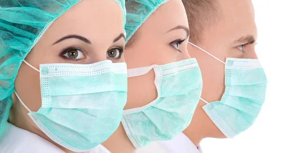 Healthcare Medicine Surgery Epidemy Concept Close Portrait Doctors Protective Masks — Stock Photo, Image