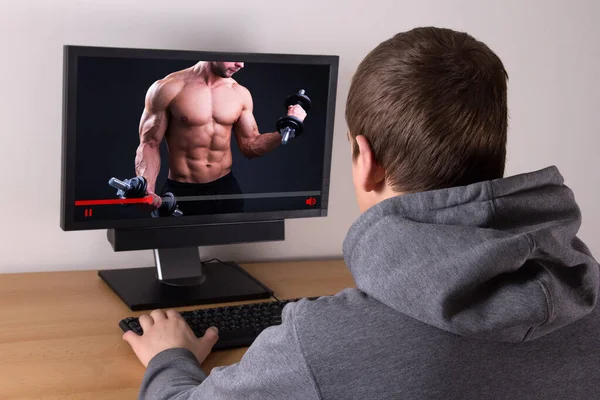 Young Man Watching Sport Video Blog Online Home — Stock Photo, Image