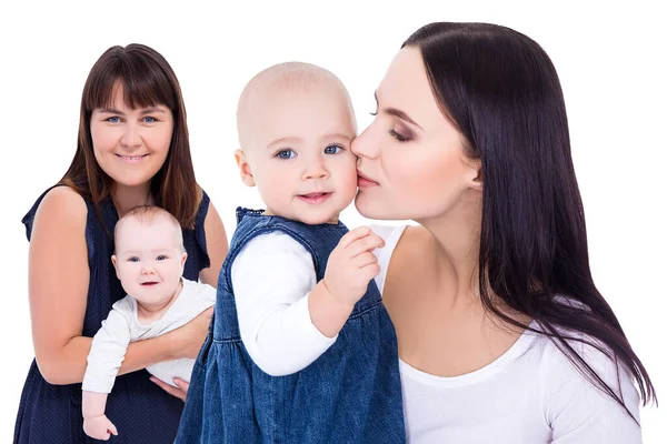 Portraits Two Happy Young Mothers Little Kids Isolated White Background — Stock Photo, Image