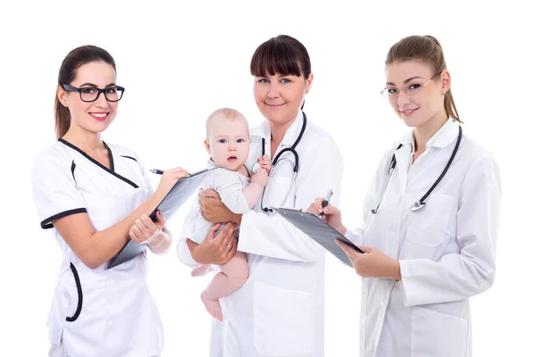 Concepto Cuidado Salud Trabajo Equipo Retrato Tres Pediatras Con Pequeño —  Fotos de Stock