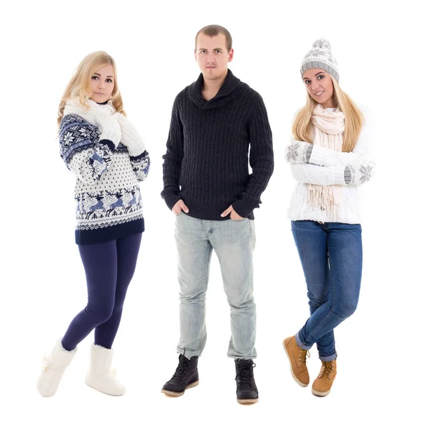 Celovečerní Portrét Mladých Lidí Zimním Oblečení Izolované Bílém Pozadí — Stock fotografie
