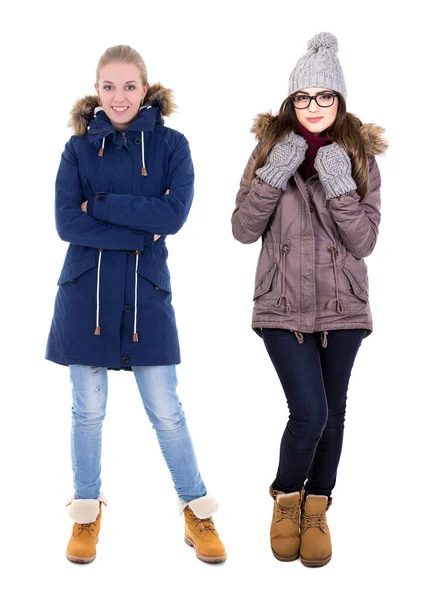 Full Length Portrait Two Young Women Winter Clothes Isolated White — Stock Photo, Image