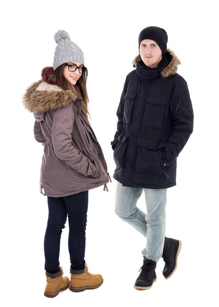 Young Couple Winter Jackets Isolated White Background — Stock Photo, Image