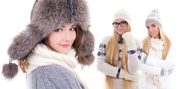 Junge Schöne Frauen Winterkleidung Isoliert Auf Weißem Hintergrund — Stockfoto