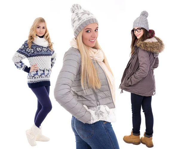 Mulheres Jovens Roupas Inverno Isolado Fundo Branco — Fotografia de Stock