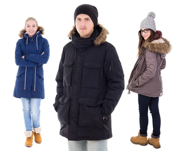 Mladí Lidé Zimních Bundách Izolovaných Bílém Pozadí — Stock fotografie