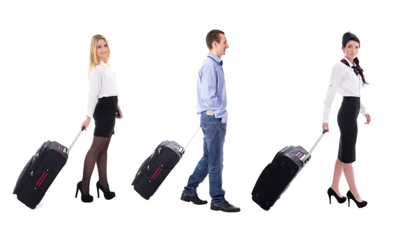 Travel Concept Side View Walking Stewardess Tourists Suitcases Isolated White — Stock Photo, Image