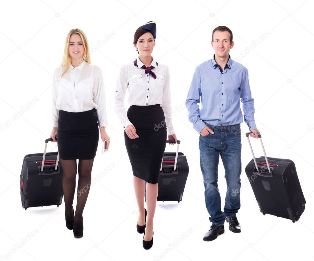 aviation concept - young attractive stewardess and passengers walking with suitcases isolated on white background