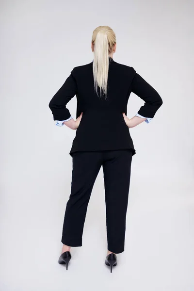 Volle Länge Rückseite Der Size Blonde Frau Schwarzen Business Anzug — Stockfoto