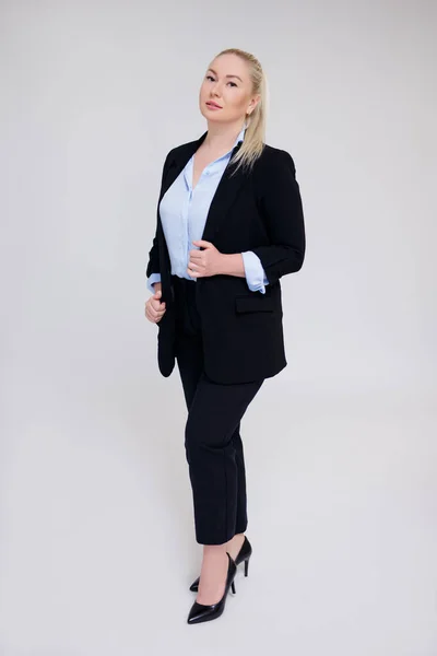 Full Length Portrait Beautiful Size Woman Black Business Suit Posing — Stock Photo, Image