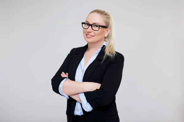 Portrait Beautiful Size Blonde Business Woman Teacher Posing Gray Background — Stock Photo, Image