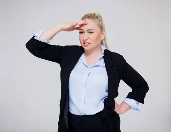 Portrait Tired Stressed Overworked Beautiful Size Blonde Woman Black Business — Stock Photo, Image