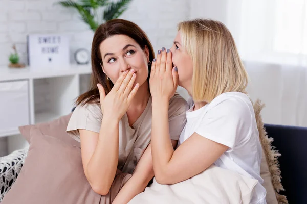 Female Friendship Gossip Secrets Portrait Two Happy Young Women Whispering — Stock Photo, Image