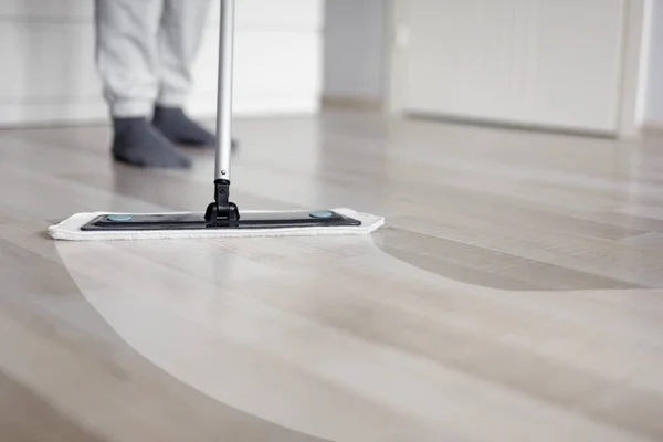 Cleaning Concept Man Cleaning Wooden Floor Mop Living Room Copy — Stock Photo, Image