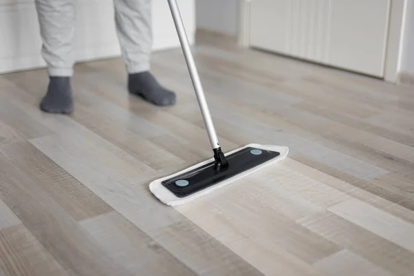 Housekeeping Concept Man Cleaning Wooden Floor Mop Home — Stock Photo, Image