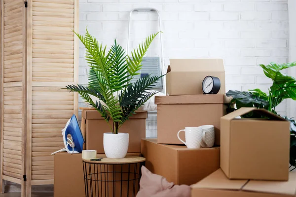 搬家日概念 在明亮的客厅内关闭纸板箱 家居用品及其他家用物品 — 图库照片
