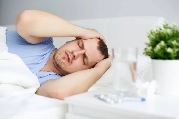 Health Care Illness Concept Portrait Sick Man Fever Headache Lying — Stock Photo, Image