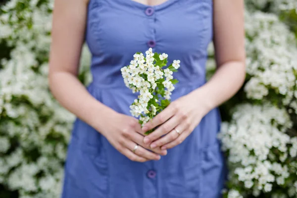 Spring Summer Concept Close Blooming Tree Branch Female Hands — Stock Photo, Image