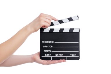 Video yapım konsepti - beyaz arka planda izole edilmiş kadın el çırpma tahtası