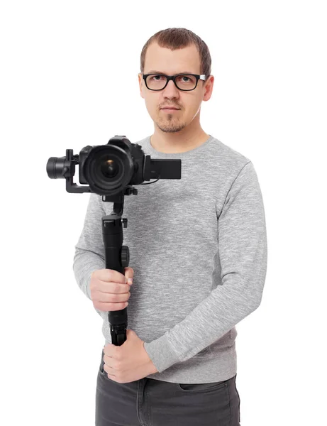 Professionele Videograaf Houden Camera Assige Gimbal Geïsoleerd Witte Achtergrond — Stockfoto