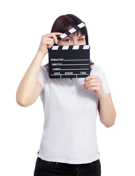 Video Production Concept Young Woman Covering Her Face Clapper Board — Stock Photo, Image