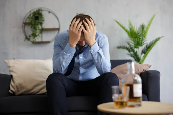 Alcoholism Depression Crisis Bankruptcy Concept Depressed Businessman Drinking Alcohol Home — Stock Photo, Image