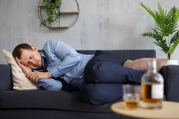 Alcoholism Business Stress Concept Drunk Businessman Sleeping Sofa Home Office — Stock Photo, Image