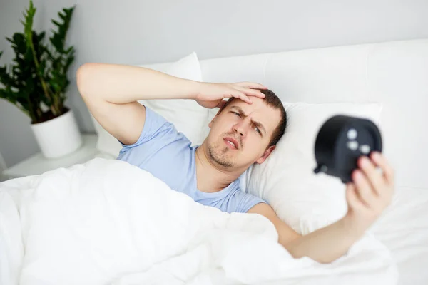 Headache Tiredness Hangover Concept Sleepy Man Waking Early Hearing Alarm — Stock Photo, Image