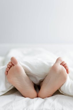 Günaydın. Battaniyeden sarkan kadın bacaklarını kapat ve beyaz arkaplanın üzerine boşluğu kopyala.