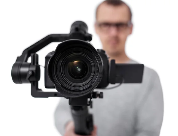 Närbild Dslr Kamera Axlig Gimbal Stabilisator Videograf Händer Isolerade Vit — Stockfoto