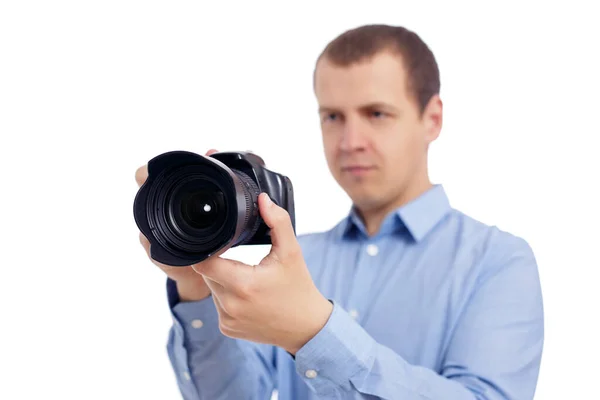 Portrait Male Photographer Videographer Taking Photo Shooting Video Modern Dslr Stock Picture