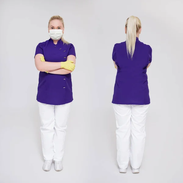 Ganzkörperansicht Von Krankenschwester Kosmetikerin Oder Kosmetikerin Uniform Die Vor Grauem — Stockfoto