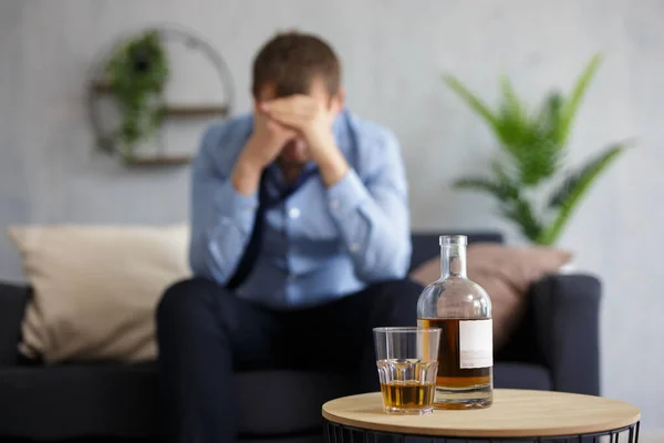 Depressed Businessman Drinking Alcohol Home Office — Stock Photo, Image