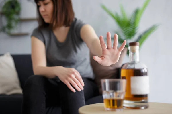 Alcoholism Concept Young Woman Refusing Glass Whiskey Palm Gesture — Stock Photo, Image