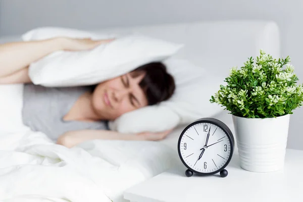 Stress Insomnia Routine Concept Woman Waking Alarm Clock Covering Head — Stock Photo, Image