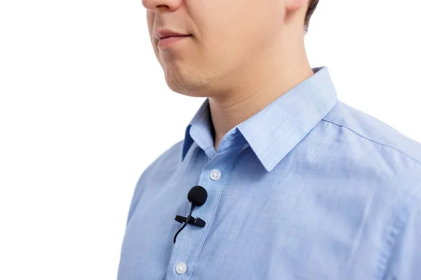 Sound Recording Concept Close Small Lavalier Microphone Male Shirt Isolated — Stock Photo, Image