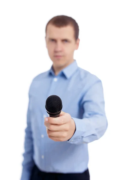 Close Microfone Jornalista Masculino Repórter Mãos Isoladas Fundo Branco — Fotografia de Stock