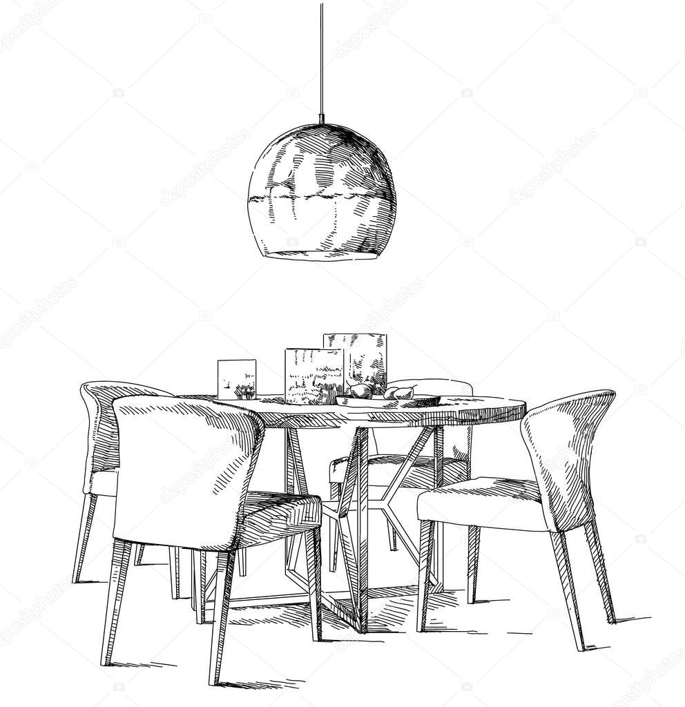 Comfortable modern interior hand drawing vector illustration.