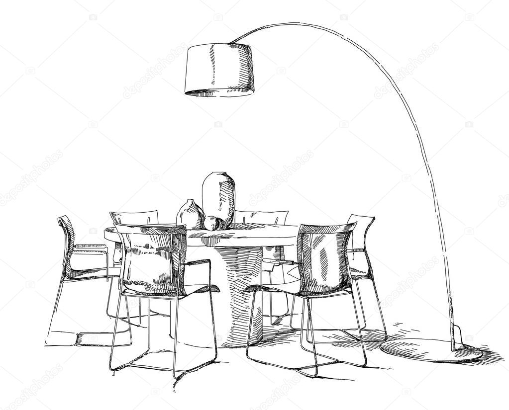 Comfortable modern interior hand drawing vector illustration.
