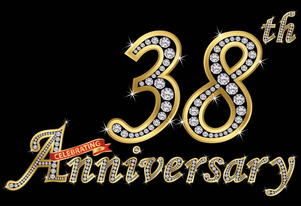 Celebrando 38º Aniversario Signo Oro Con Diamantes Vector Ilustración — Archivo Imágenes Vectoriales