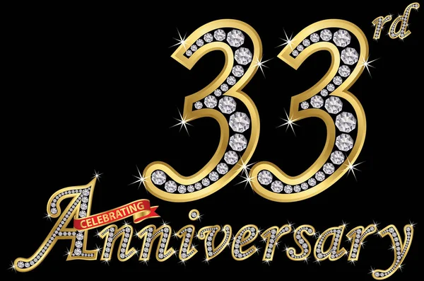 Celebrating 33Th Anniversary Golden Sign Diamonds Vector Illustration — Stock Vector