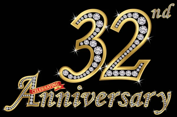 Celebrando 32º Aniversario Signo Oro Con Diamantes Vector Ilustración — Vector de stock