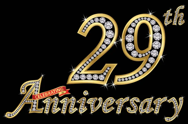 Celebrating 29Th Anniversary Golden Sign Diamonds Vector Illustration — Stock Vector