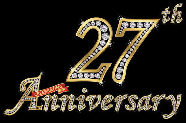 Γιορτάζει Την 27Η Επέτειο Χρυσή Πινακίδα Διαμάντια Διανυσματικά Εικονογράφηση — Διανυσματικό Αρχείο