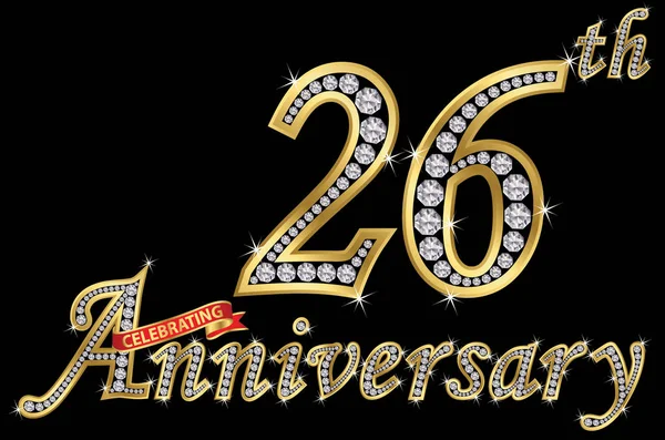 Celebrating 26Th Anniversary Golden Sign Diamonds Vector Illustration — Stock Vector