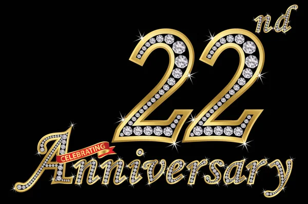 Celebrating 22Th Anniversary Golden Sign Diamonds Vector Illustration — Stock Vector