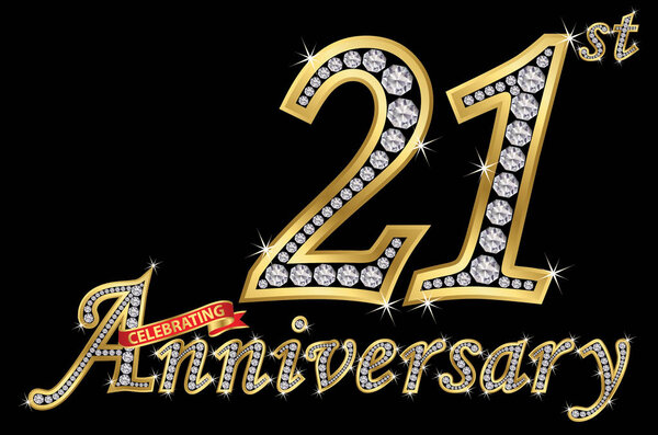 Celebrating  21th anniversary golden sign with diamonds, vector illustration