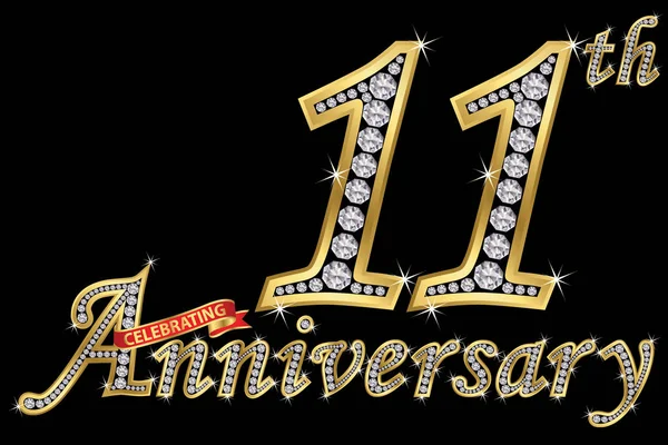 Celebrando 11º Aniversario Signo Oro Con Diamantes Vector Ilustración — Vector de stock