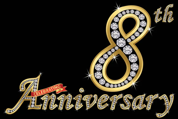 Vieren Verjaardag Gouden Bordje Met Diamanten Vector Illustratie — Stockvector